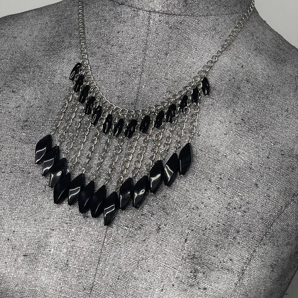Necklace collar costume jewelry silver tone and black faux jewels chain link - Picture 2 of 9